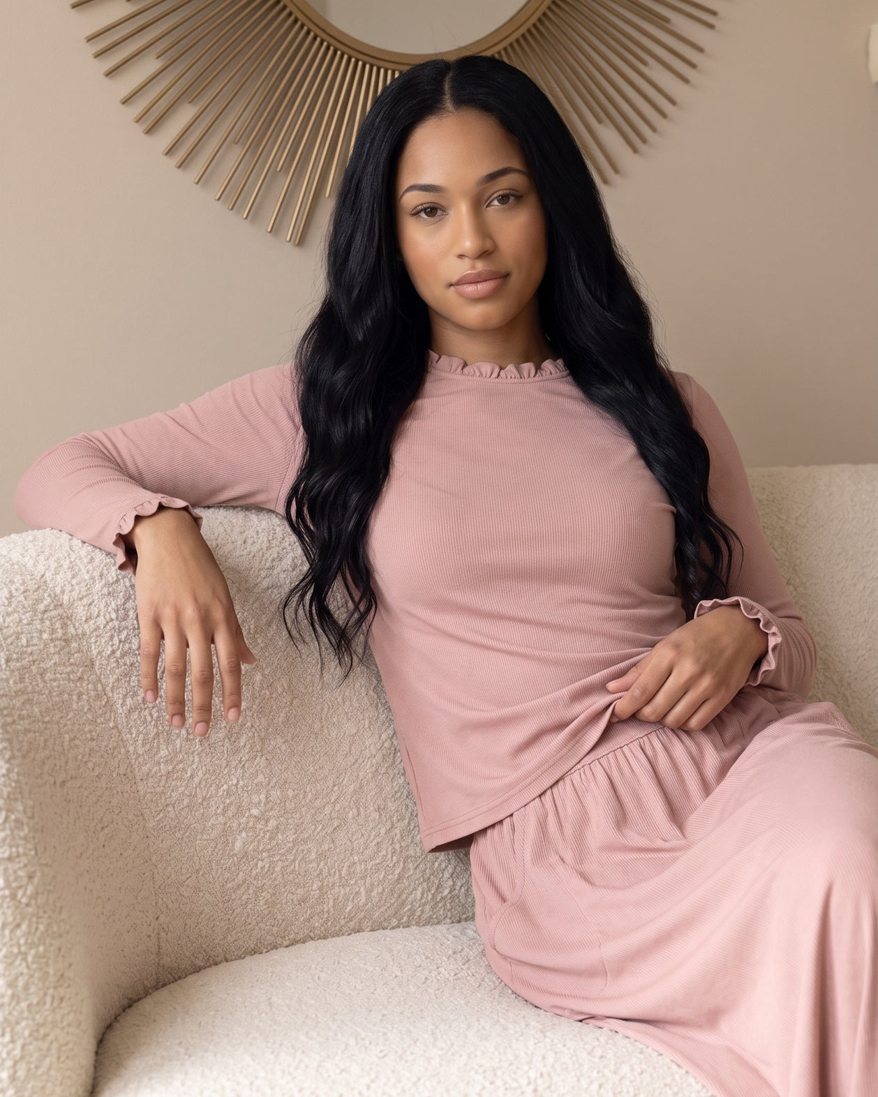 Model wearing Nuggles® Bethany Shirt & Skirt in Dusty Pink