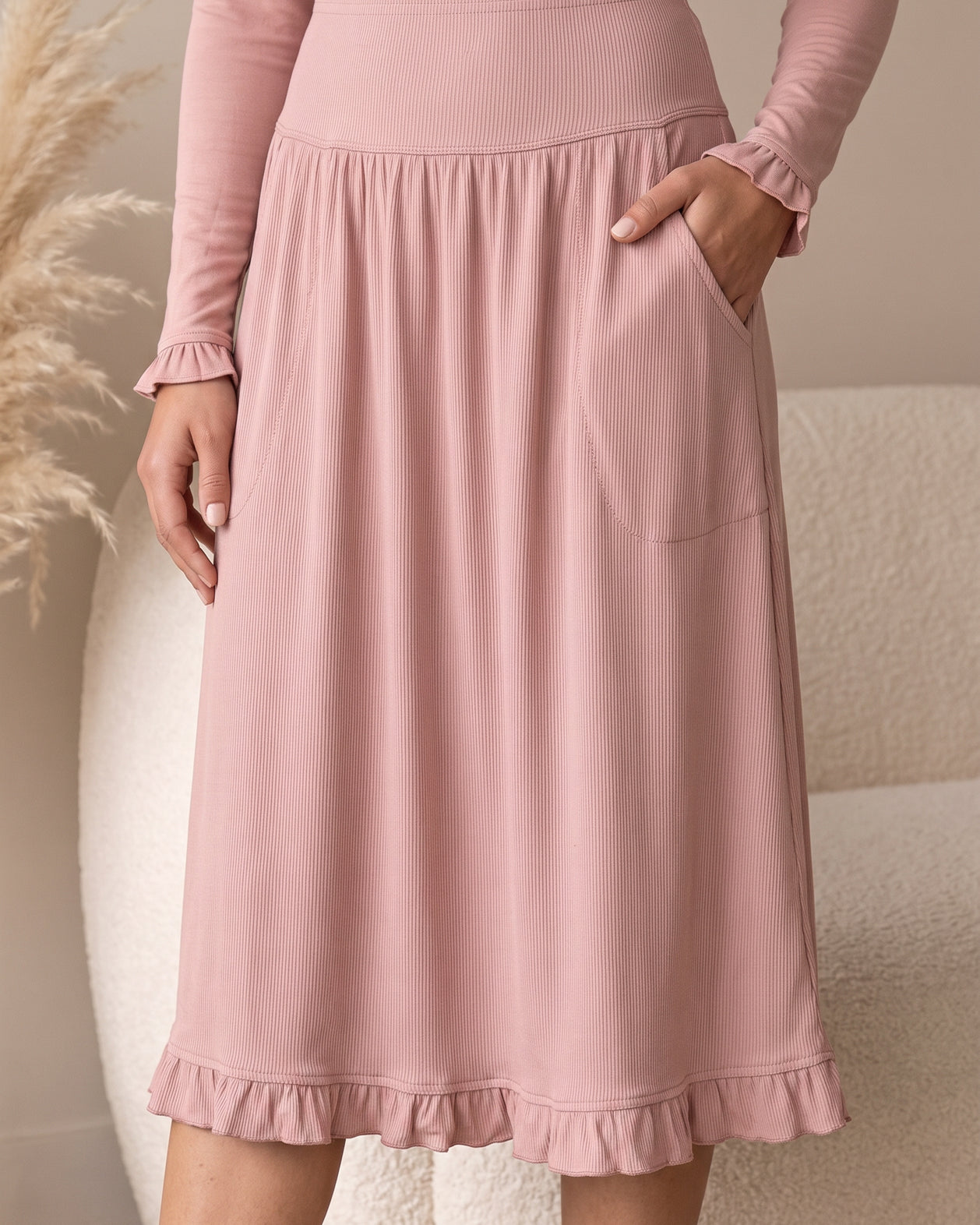 Model wearing Nuggles® Bethany Shirt & Skirt in Dusty Pink