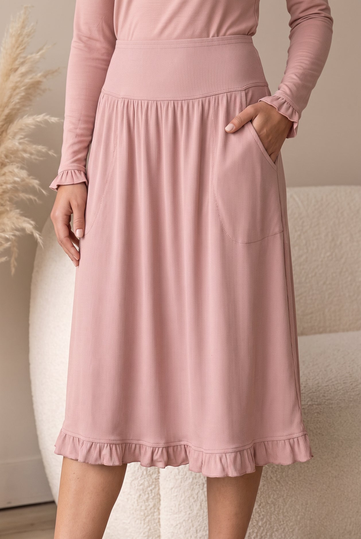 Model wearing Nuggles® Bethany Shirt & Skirt in Dusty Pink