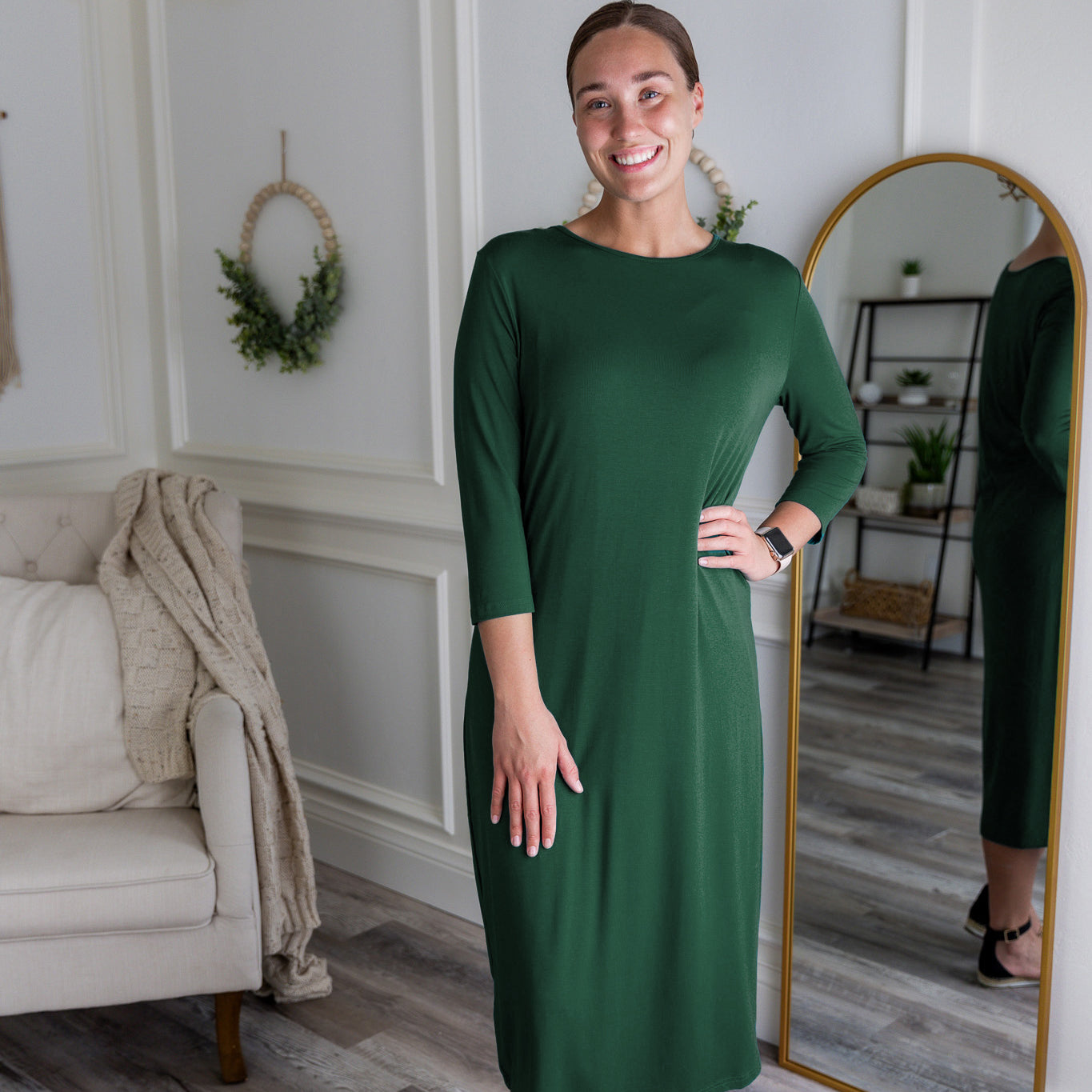 Model wearing Nuggles® Original Style Midi Layering Dress in soft cotton knit