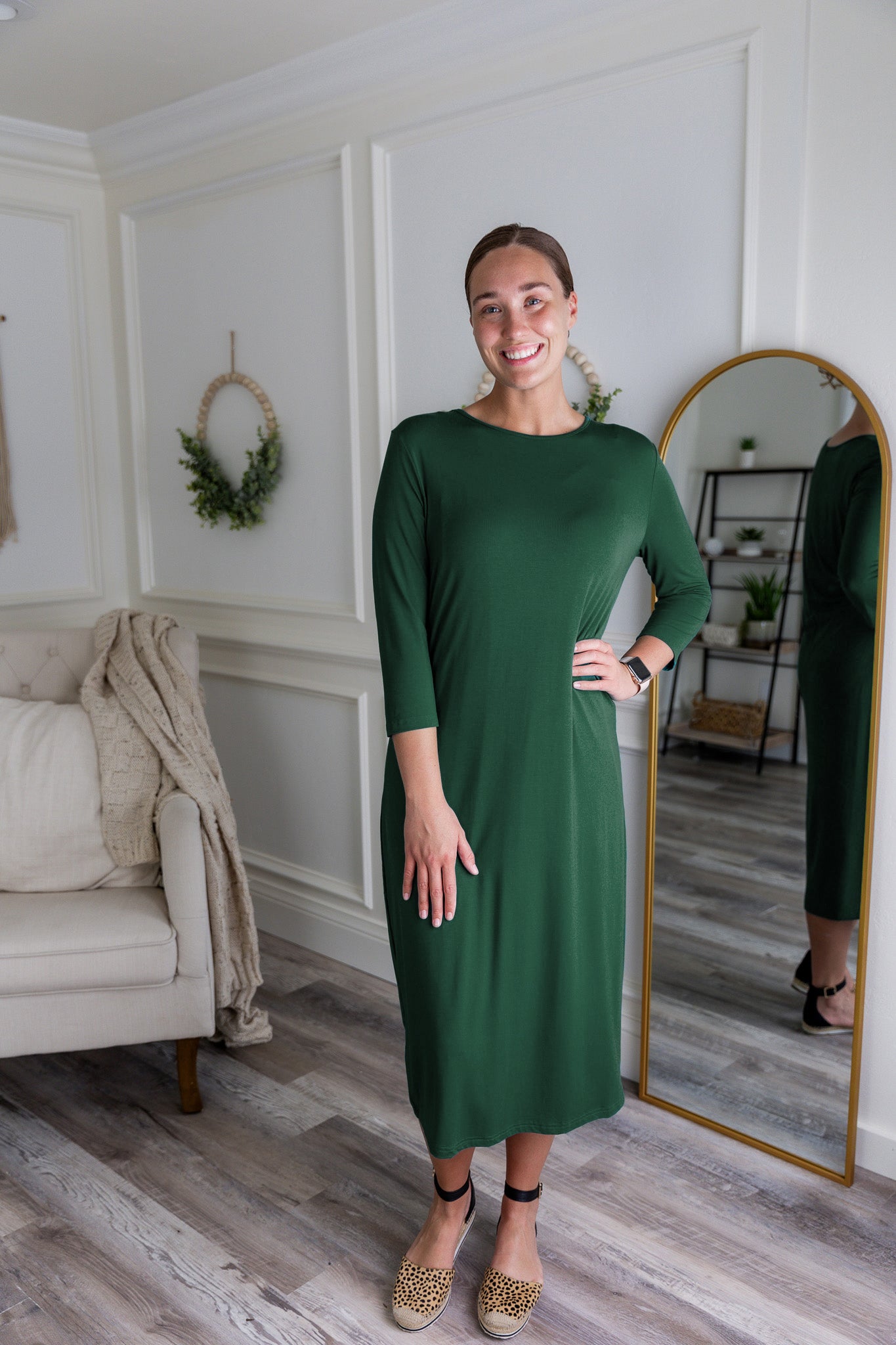 Model wearing Nuggles® Original Style Midi Layering Dress in soft cotton knit