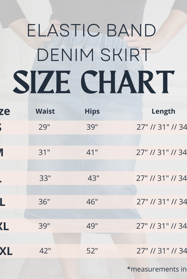 Size chart for Nuggles® Denim Skirt showing waist, hip, and length measurements for sizes S to XXXL in inches.