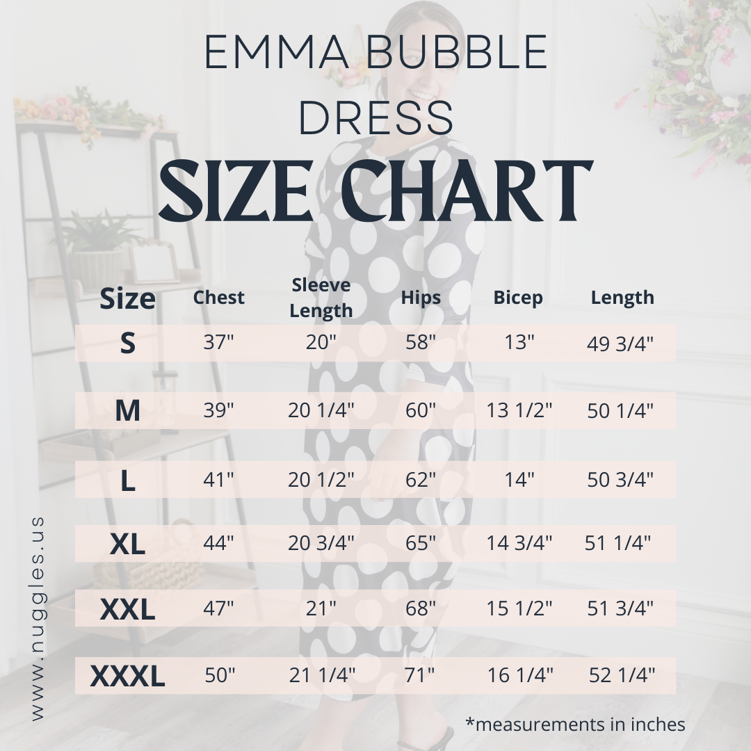 Women's size chart for modest Emma Bubble Dress with bust, waist, hip, and length measurements from S to 3X.