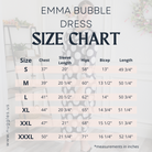 Women's size chart for modest Emma Bubble Dress with bust, waist, hip, and length measurements from S to 3X.