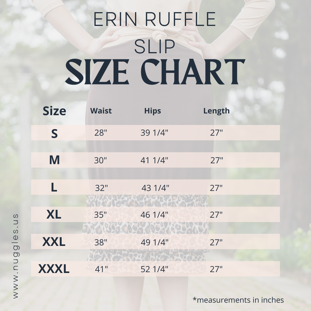 Size chart for the Erin Ruffle Slip from Nuggles, showing waist, hip, and length measurements in inches for sizes S to XXXL. All lengths are 27 inches.