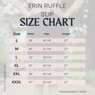 Size chart for the Erin Ruffle Slip from Nuggles, showing waist, hip, and length measurements in inches for sizes S to XXXL. All lengths are 27 inches.