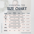 Nuggles® essential layering tee size chart for women's modest fit.