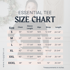 Nuggles® Essential 3/4 Tee Size Chart – measurements for bust, waist, length, and sleeve to help customers choose the best fit.