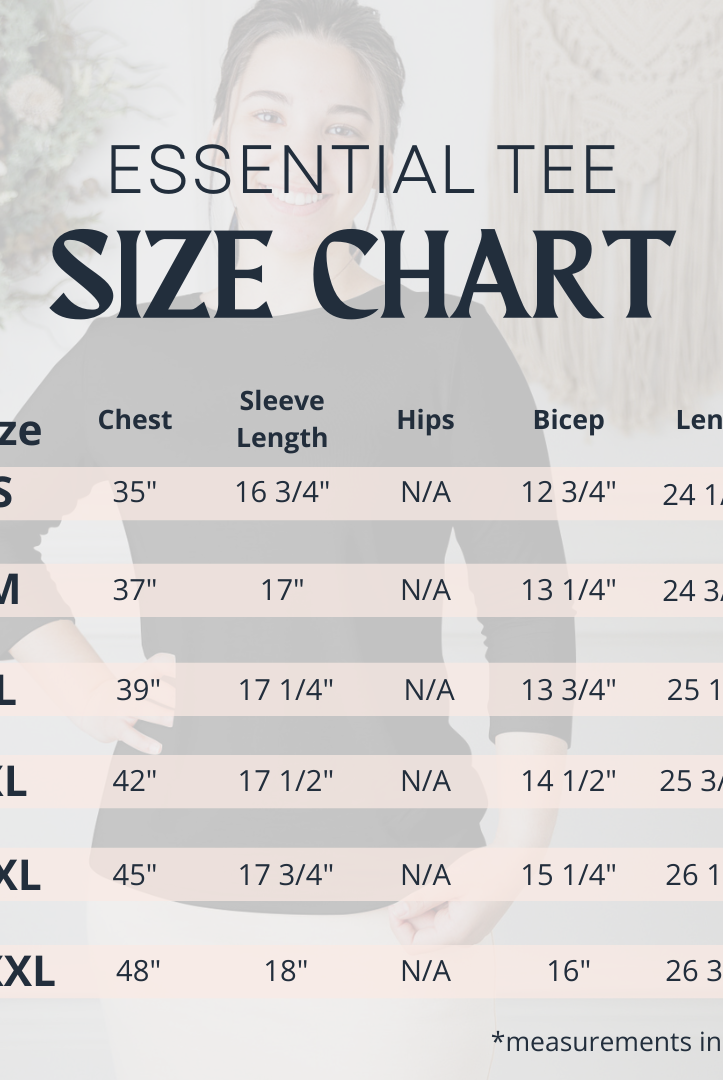 Nuggles® essential layering tee size chart for women's modest fit.