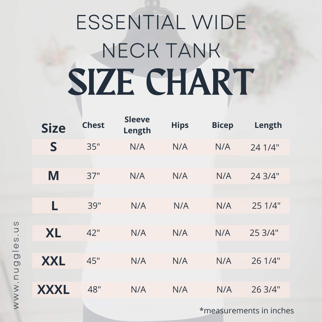 Size chart for Nuggles® Essential Tank – measurements for bust, length, and fit to help choose the right modest layering tank size.