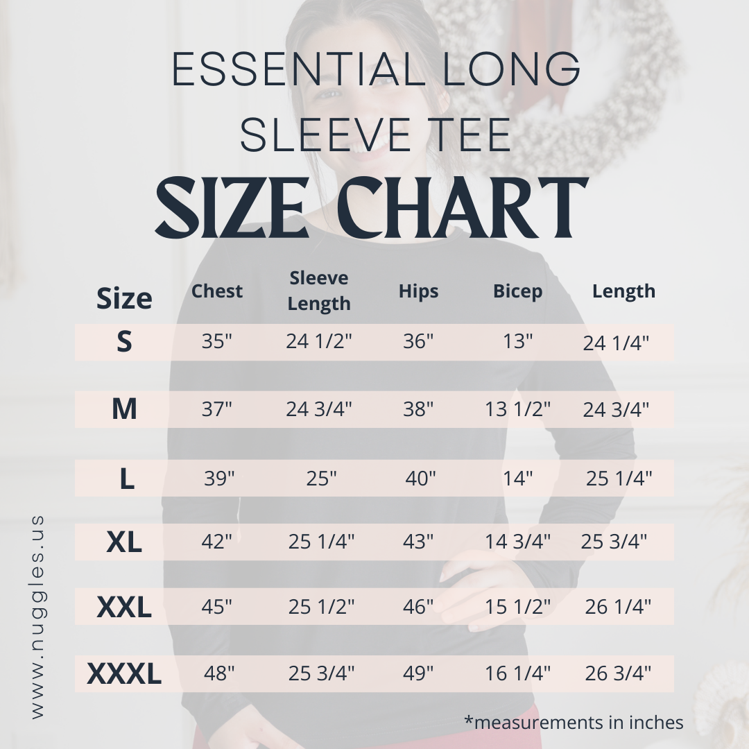 Women’s modest long sleeve tee sizing guide showing bust, waist, hip, and length measurements.