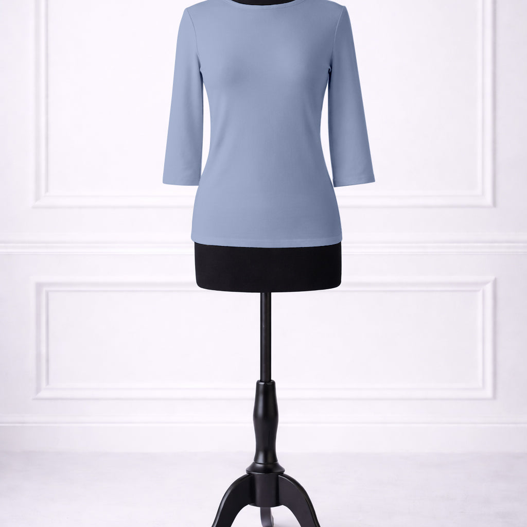 Front view of Nuggles® Essential 3/4 sleeve tee in Blue Pearl