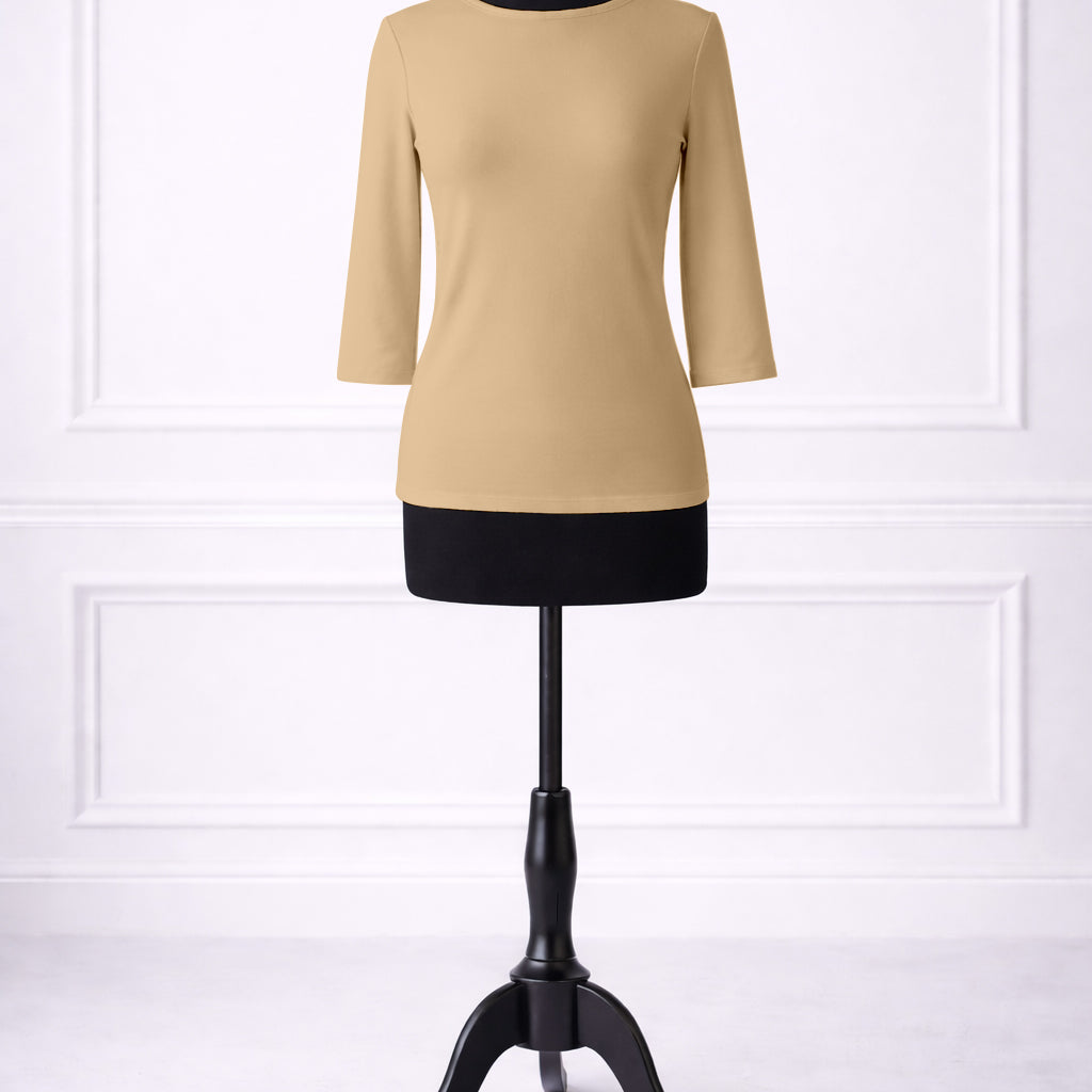 Front view of Nuggles® Essential 3/4 sleeve tee in Buff