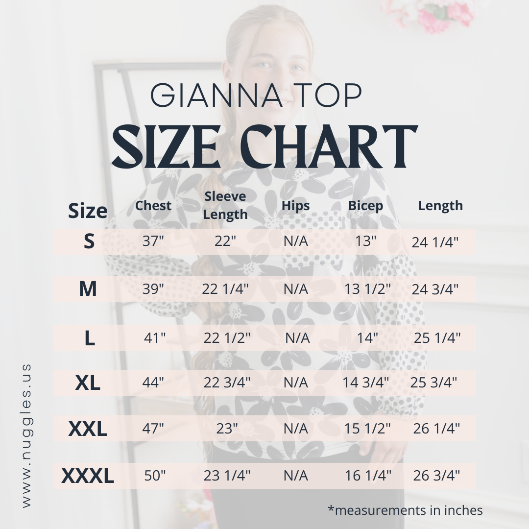 Size chart for Gianna Top with measurements in inches