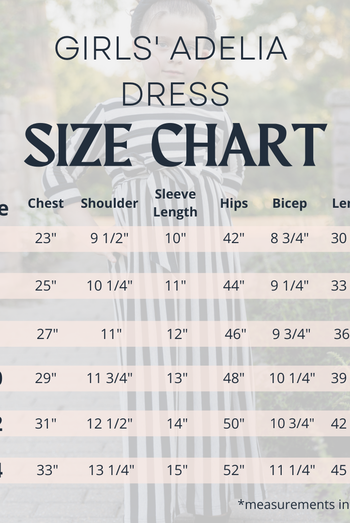 Size chart for girls' Adelia dress with measurements in inches.