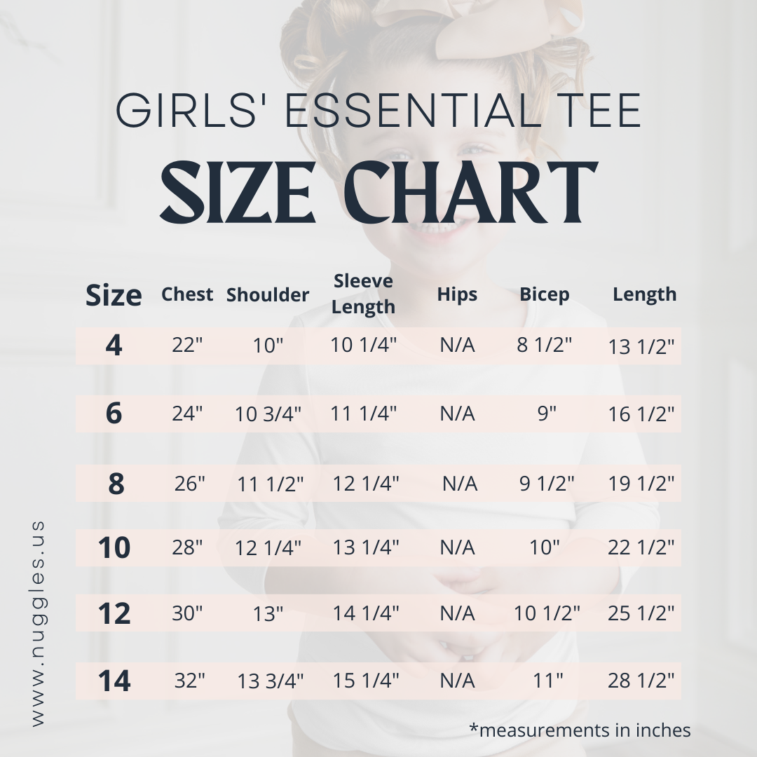 Nuggles® girls essential tee size chart – modest fit guide with measurements for girls 3/4 sleeve layering tee.