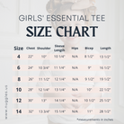 Nuggles® girls essential tee size chart – modest fit guide with measurements for girls 3/4 sleeve layering tee.