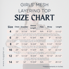 Size chart for girls' mesh layering top by Nuggles® showing chest and length measurements in inches for sizes 2T to 14.
