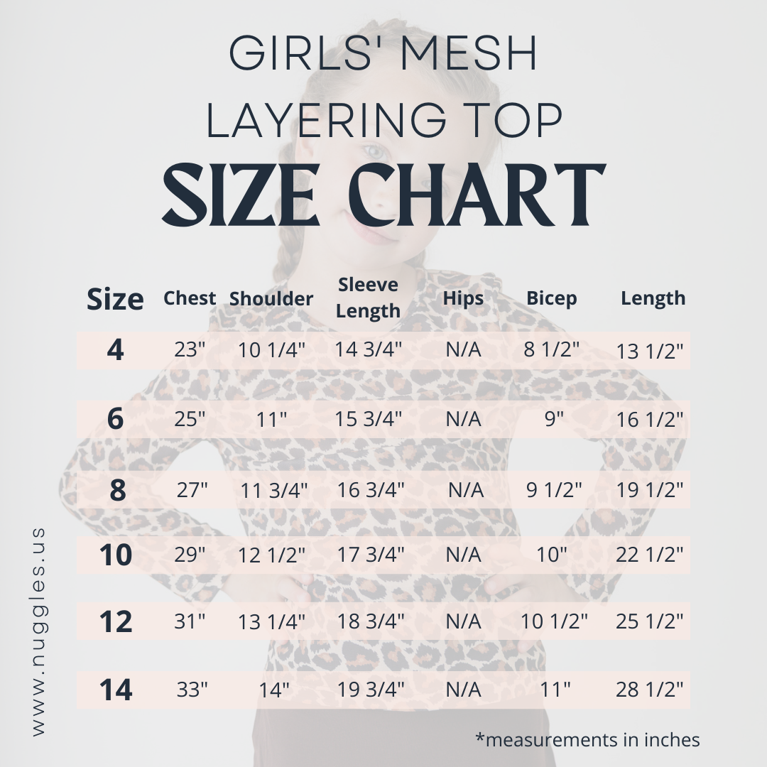Girls' Mesh Layering Top size guide – toddler to big girl sizing (4T to 14), includes chest, length, and sleeve measurements