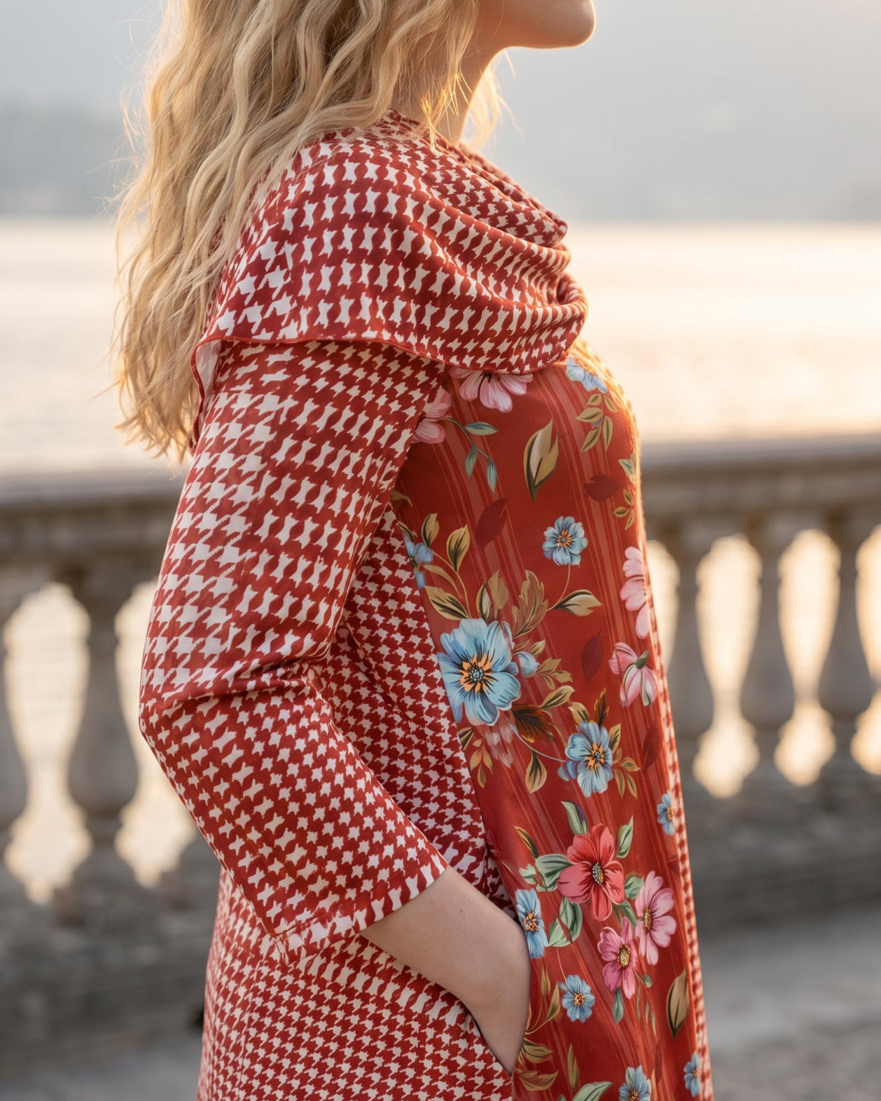 The Nuggles® Bailey Dress in Garden Check midi length, two tone with cowl neckline