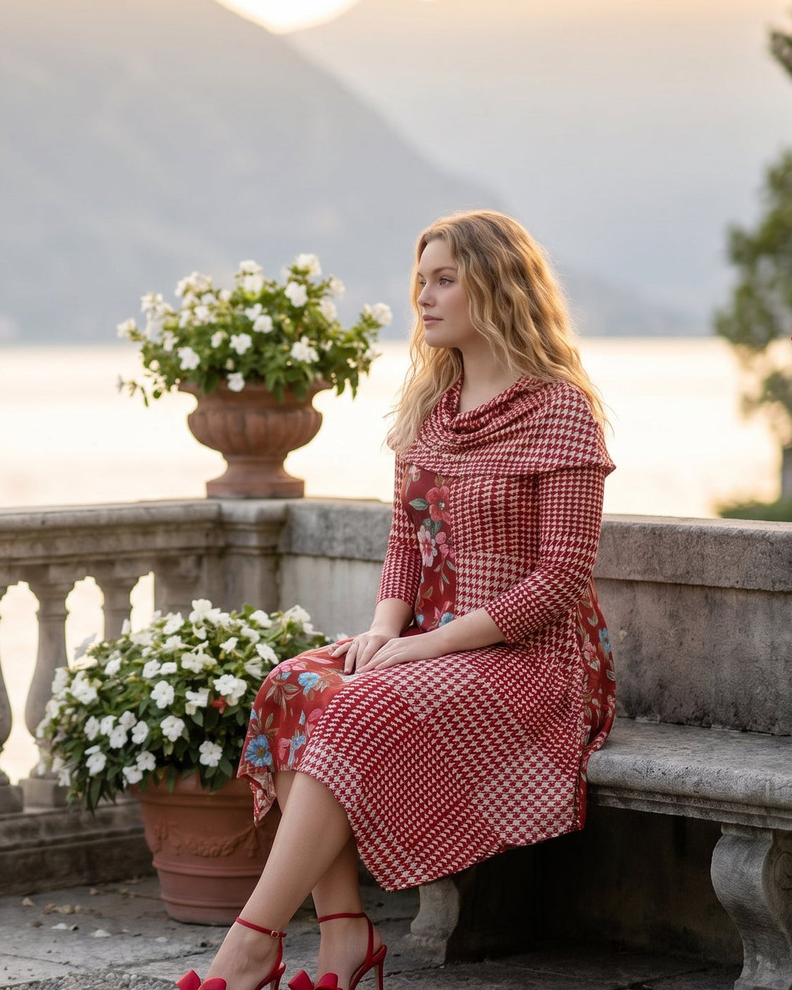 The Nuggles® Bailey Dress in Garden Check midi length, two tone with cowl neckline