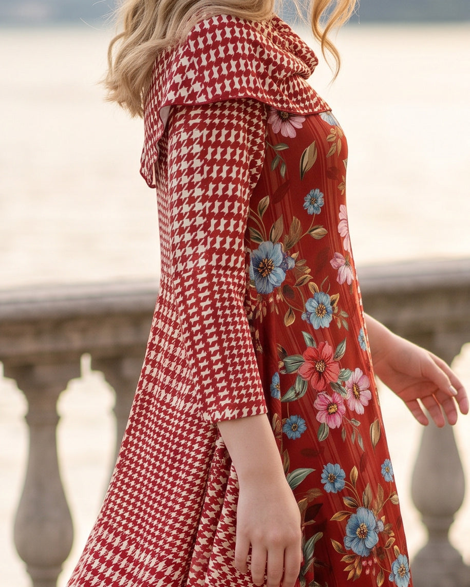 The Nuggles® Bailey Dress in Garden Check midi length, two tone with cowl neckline