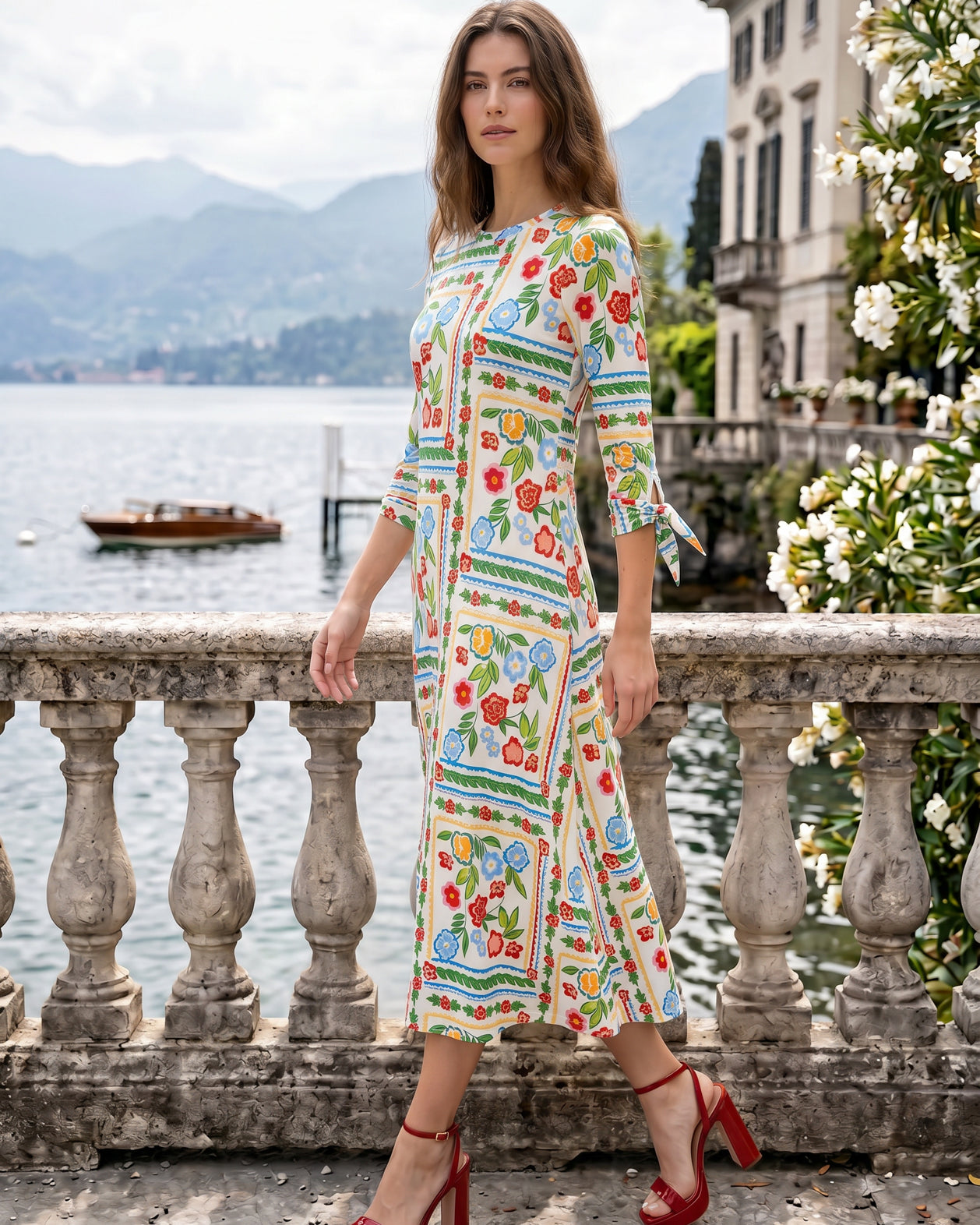 Model wearing Nuggles® Gracie Dress in Garden Stripe