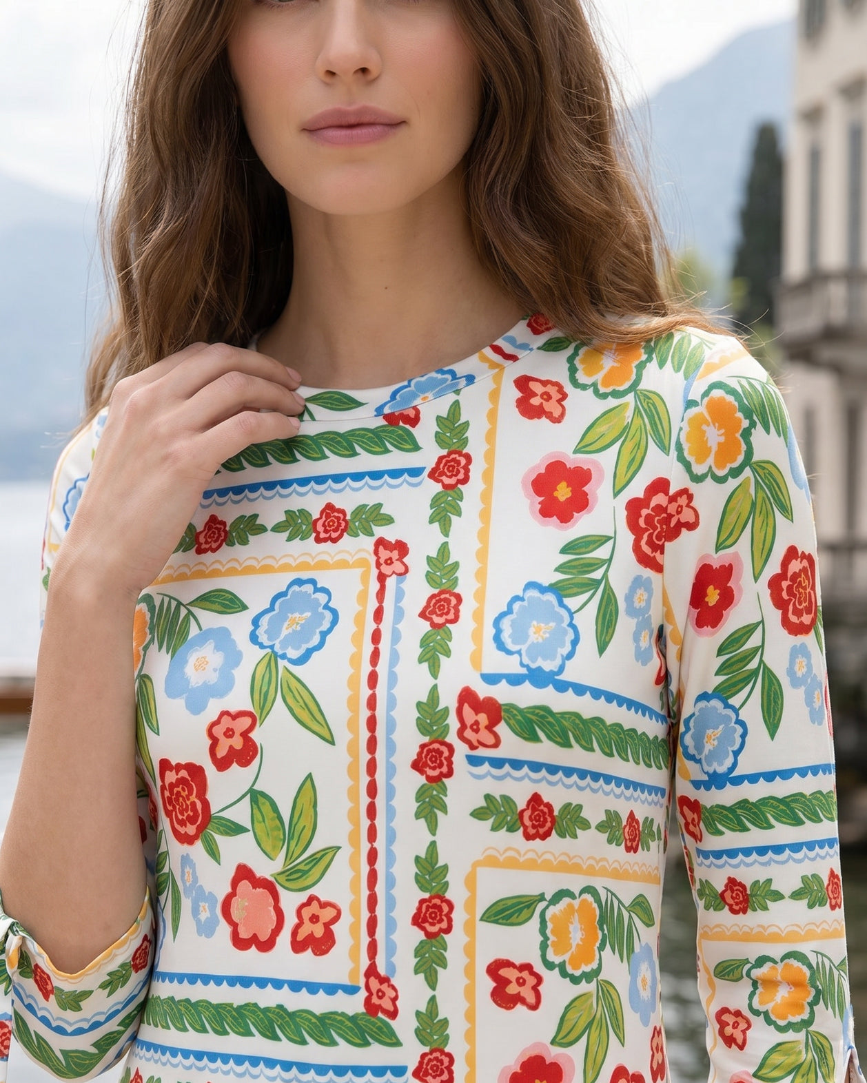 Model wearing Nuggles® Gracie Dress in Garden Stripe