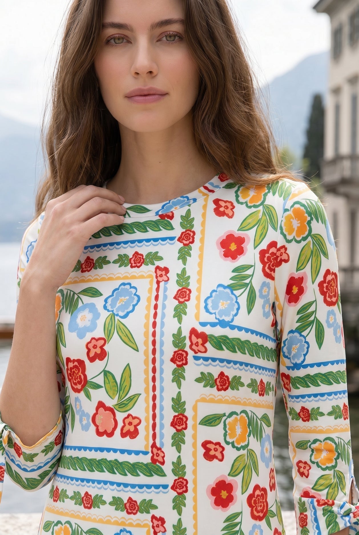 Model wearing Nuggles® Gracie Dress in Garden Stripe