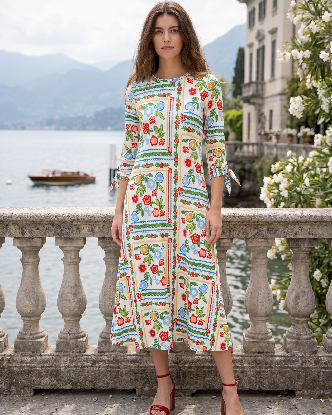 Model wearing Nuggles® Gracie Dress in Garden Stripe