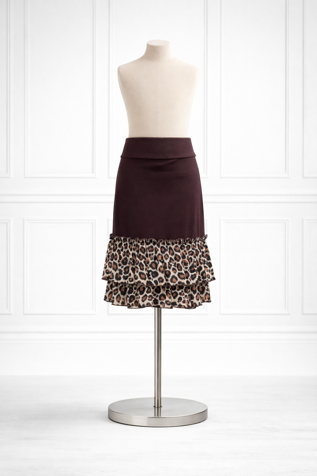 Skirt with leopard print hem on a mannequin against a white background