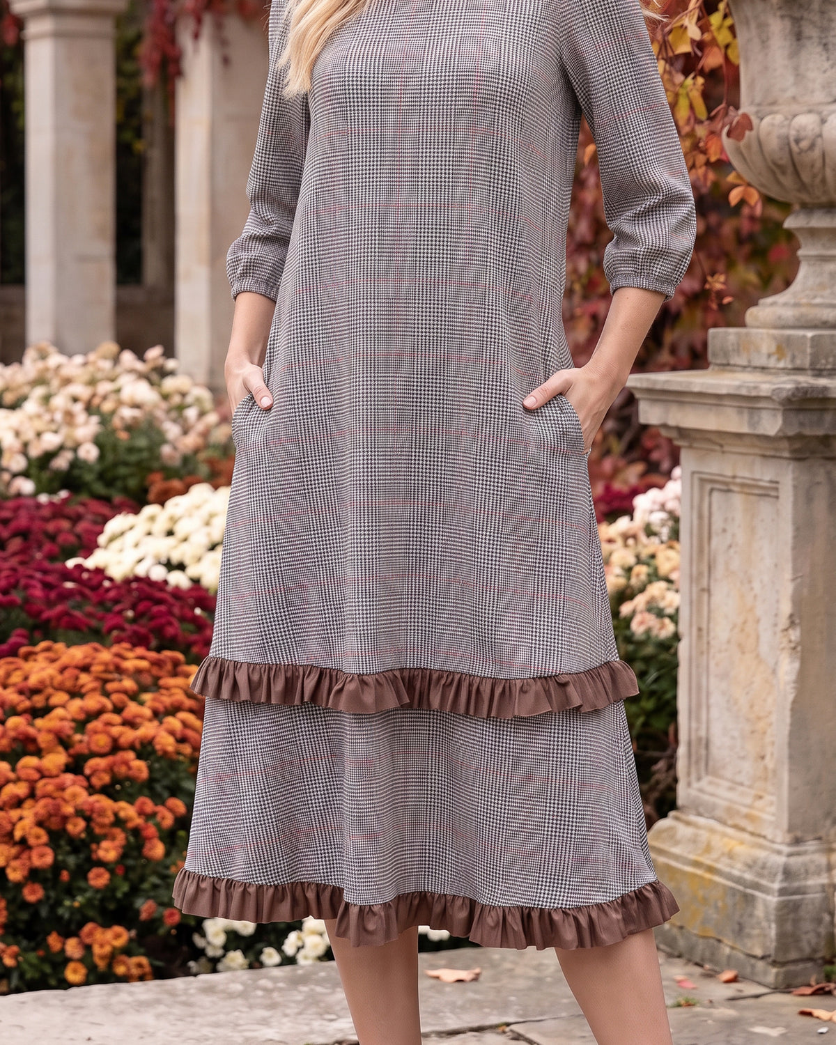 Model wearing Nuggles® Patricia Midi Dress in Glen Plaid