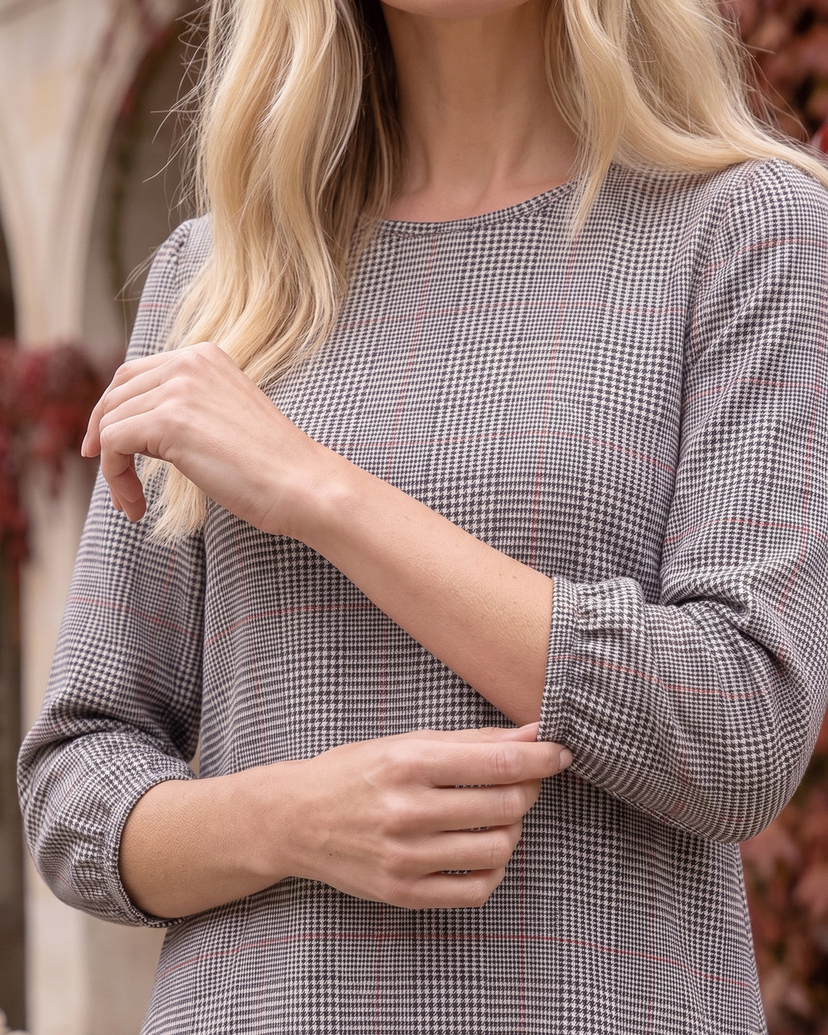Nuggles® Patricia Dress in Glen Plaid, close-up of the bodice and elasticized 3/4 sleeve cuff
