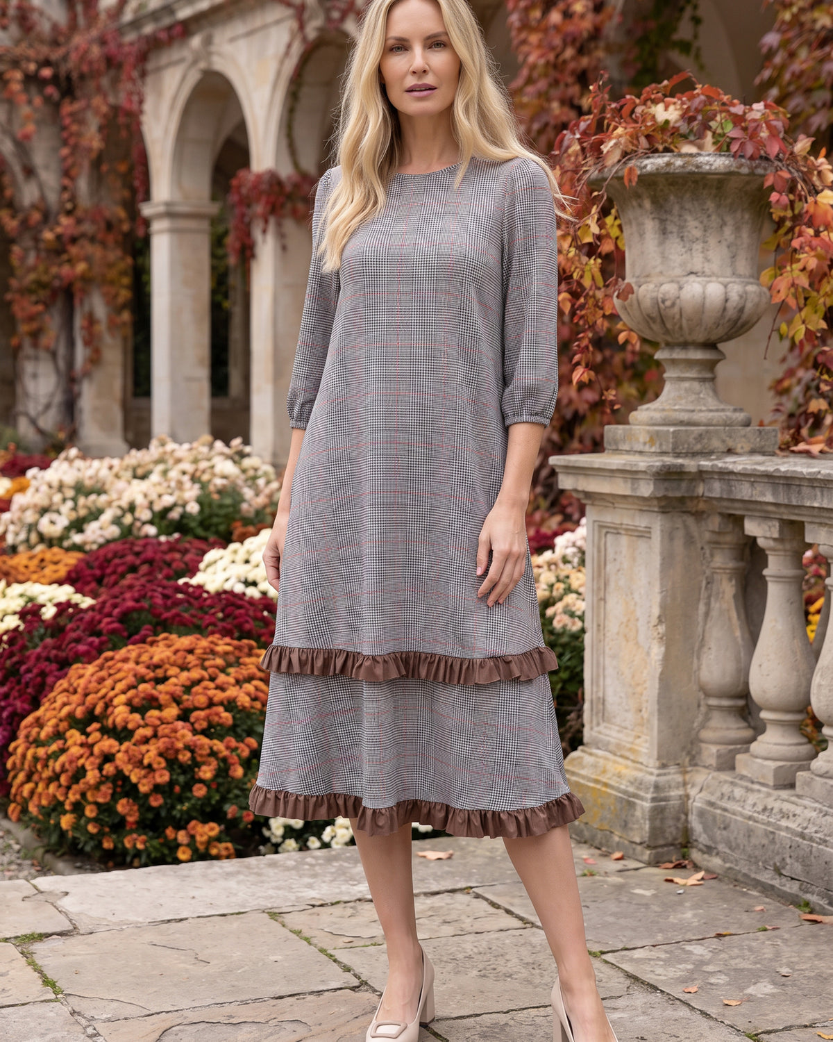 Model wearing Nuggles® Patricia Midi Dress in Glen Plaid