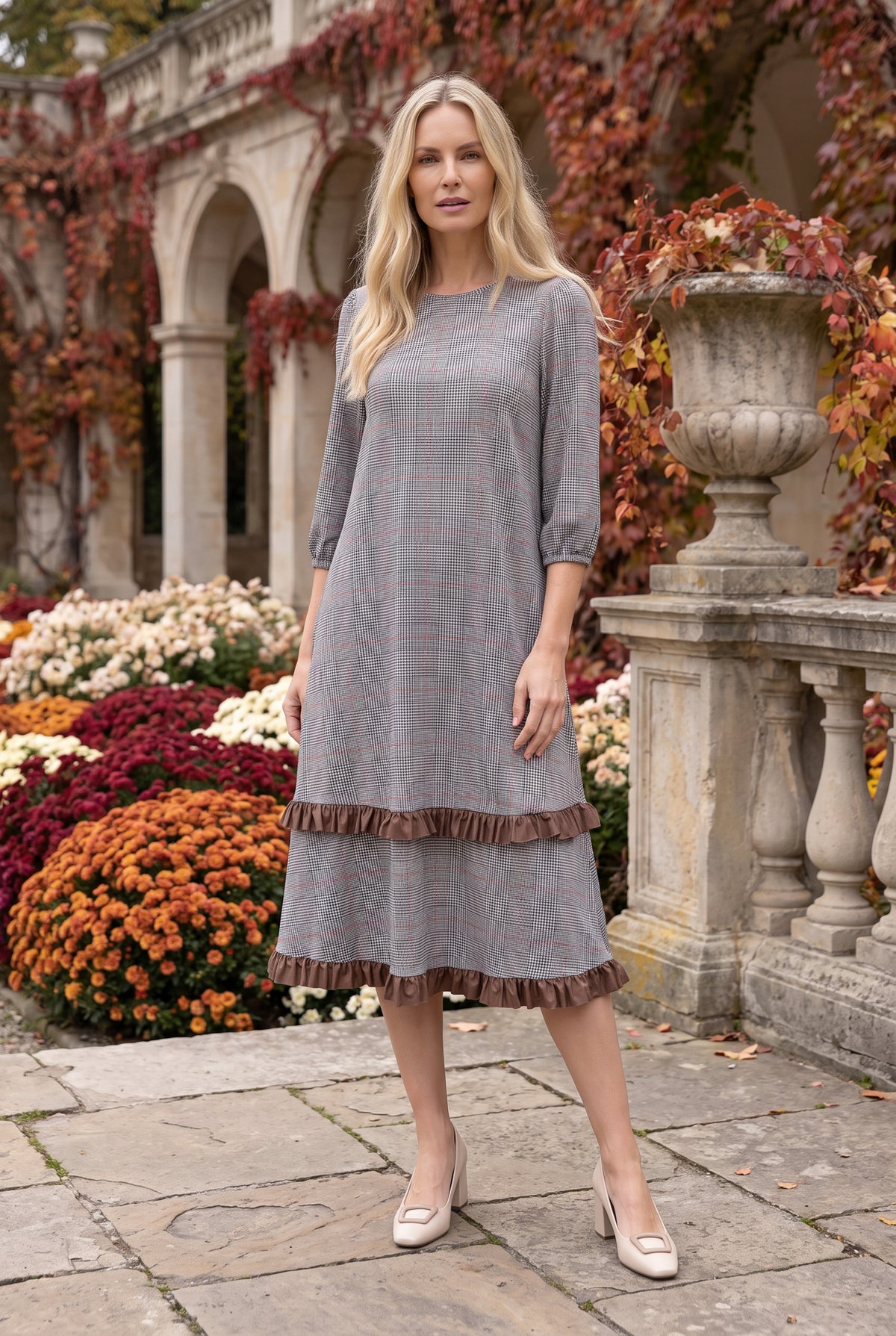Nuggles® Patricia Dress in Glen Plaid, full length in a garden, gray and brown check with brown ruffles