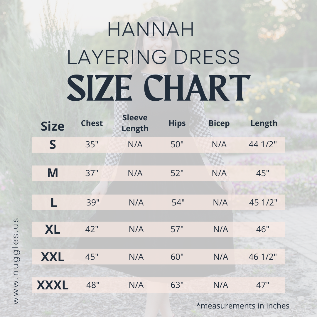 Hannah Layering Dress size chart – detailed measurements for chest, waist, hips, and length in inches for all sizes, modest fit by Nuggles®.