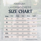 Hannah Layering Dress size chart – detailed measurements for chest, waist, hips, and length in inches for all sizes, modest fit by Nuggles®.