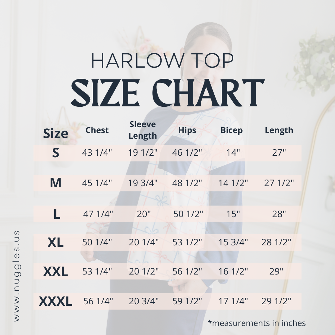 Nuggles® Harlow Top size chart with chest, sleeve, hips, bicep, and length measurements for sizes S to XXXL in inches.