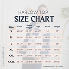 Nuggles® Harlow Top size chart with chest, sleeve, hips, bicep, and length measurements for sizes S to XXXL in inches.