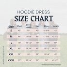 Size chart for the Nuggles® Hoodie Dress with measurements for each size