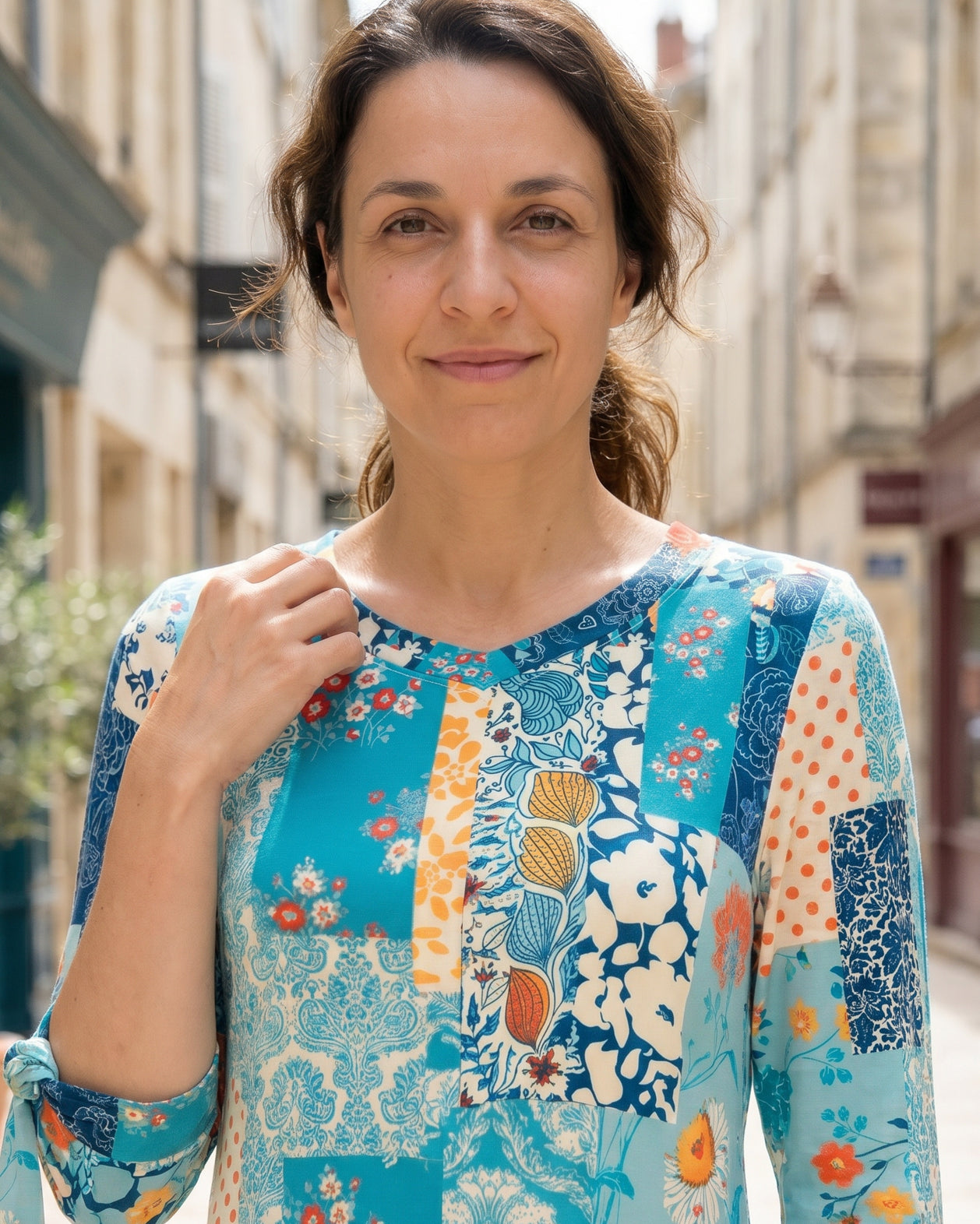 Model wearing Nuggles® Hazel Dress in Blue Bird