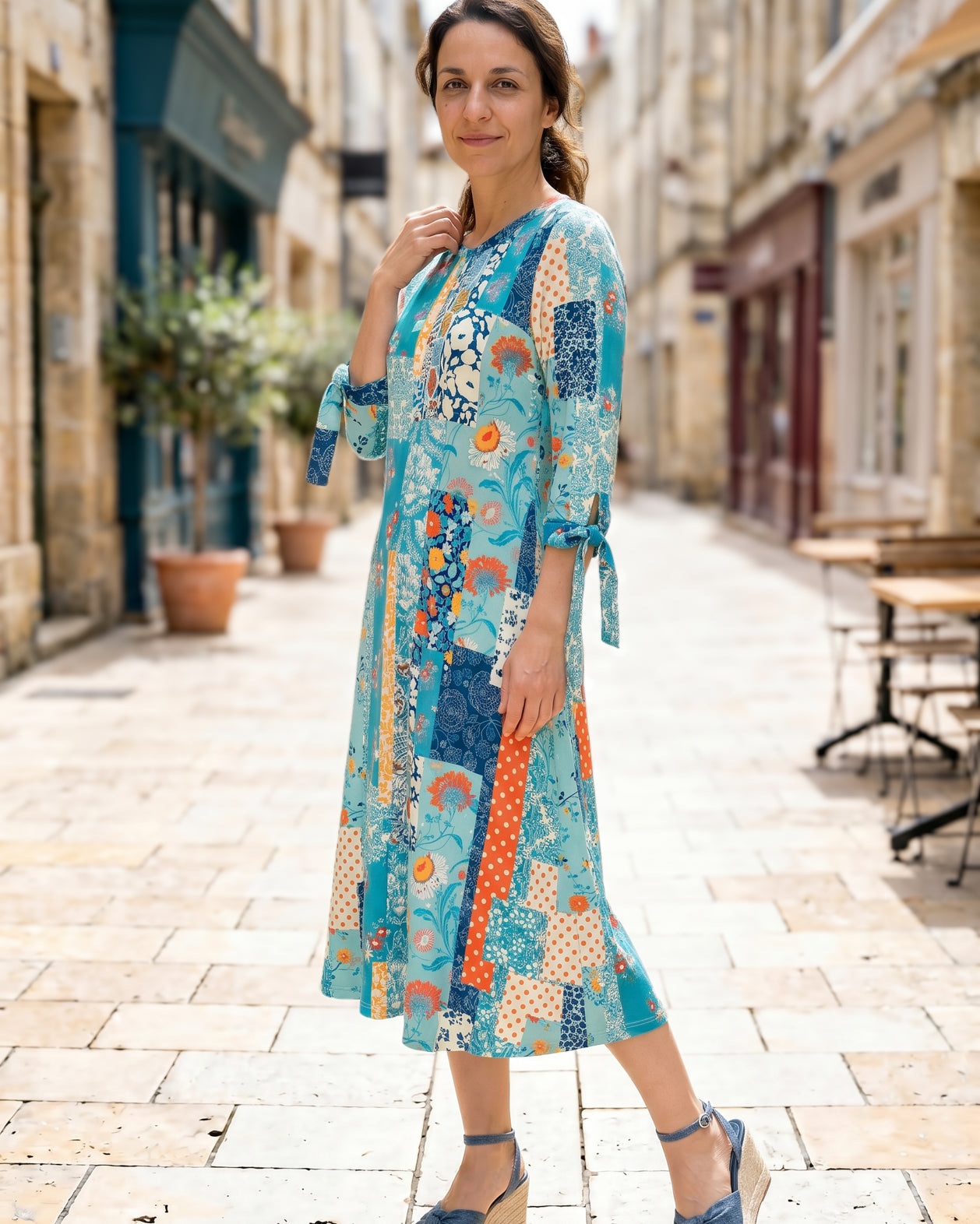 Model wearing Nuggles® Hazel Dress in Blue Bird