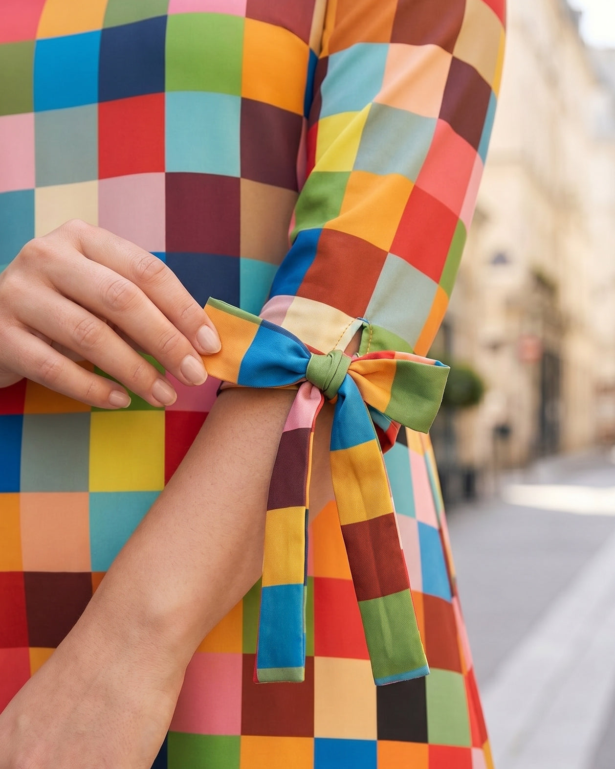 Model wearing Nuggles® Hazel Dress in Retro Mosaic