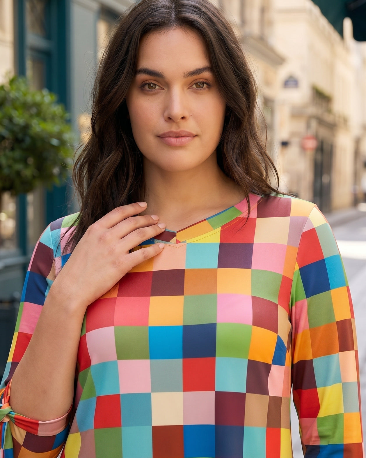 Model wearing Nuggles® Hazel Dress in Retro Mosaic
