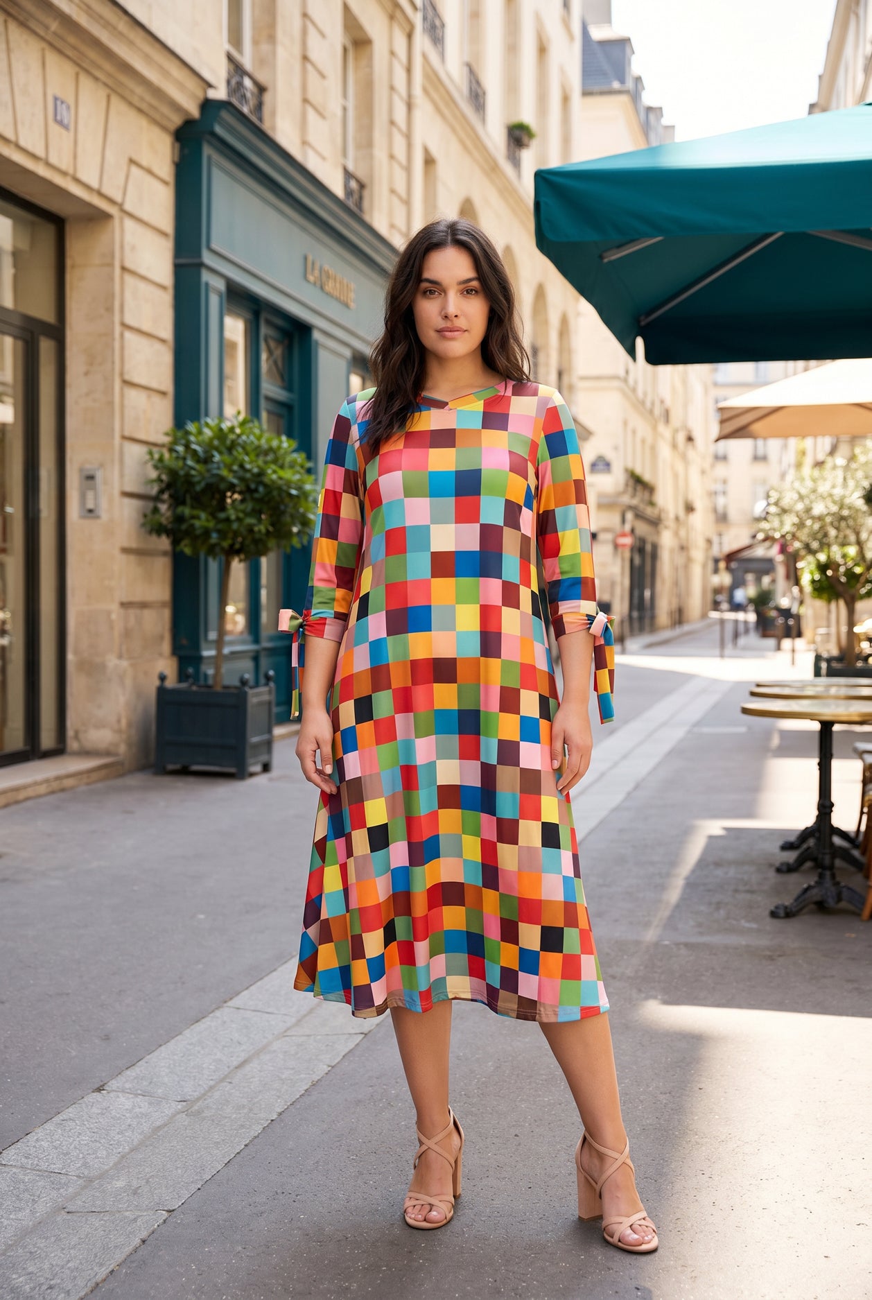 Model wearing Nuggles® Hazel Dress in Retro Mosaic