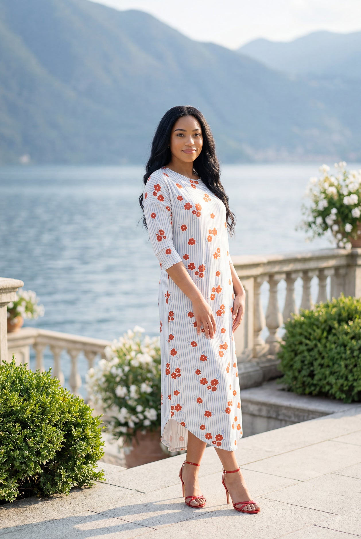 Model wearing Nuggles® Heather Dress in Rosebud Pinstripe