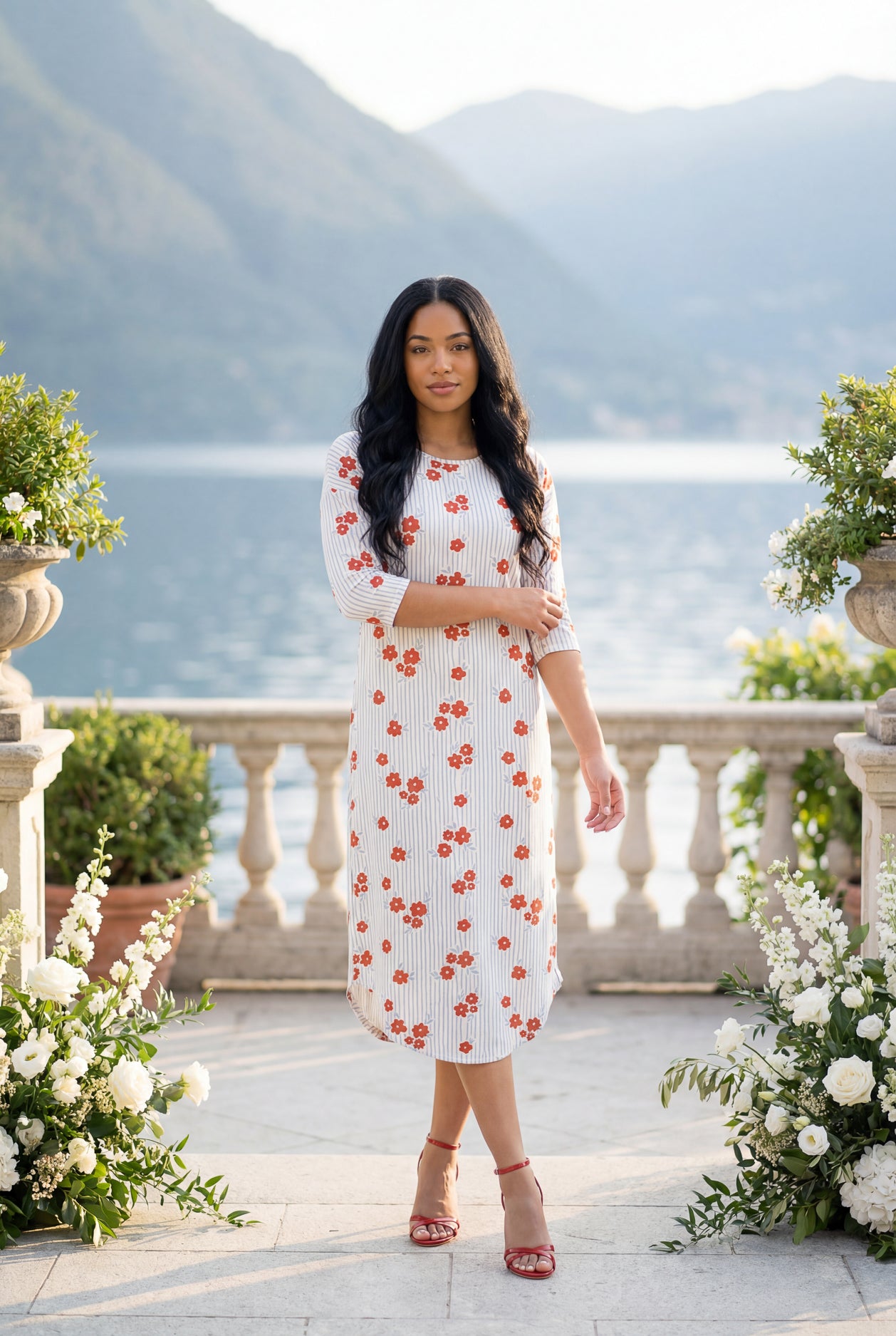 Model wearing Nuggles® Heather Dress in Rosebud Pinstripe