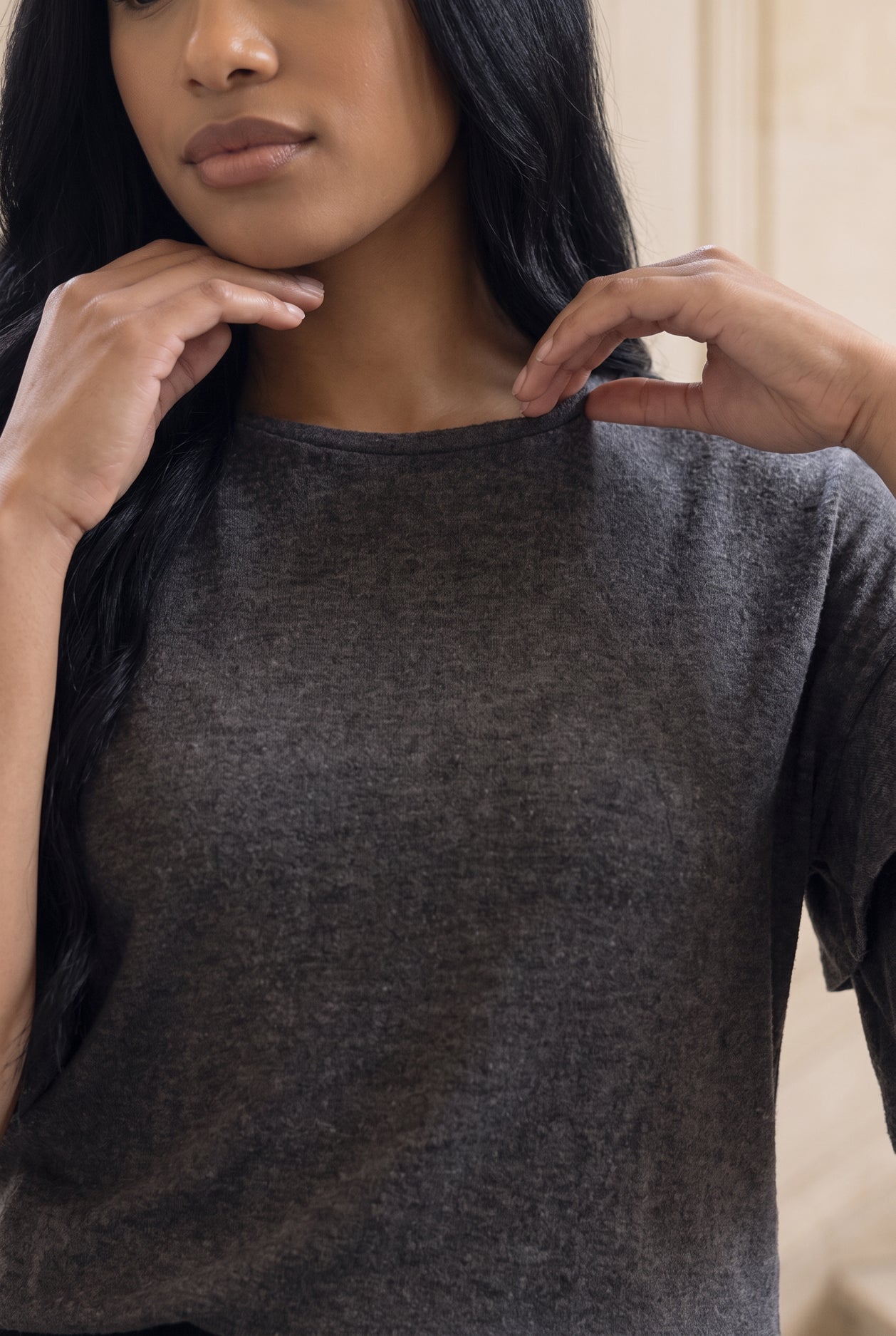 Model wearing Nuggles® Helena Top in Gray