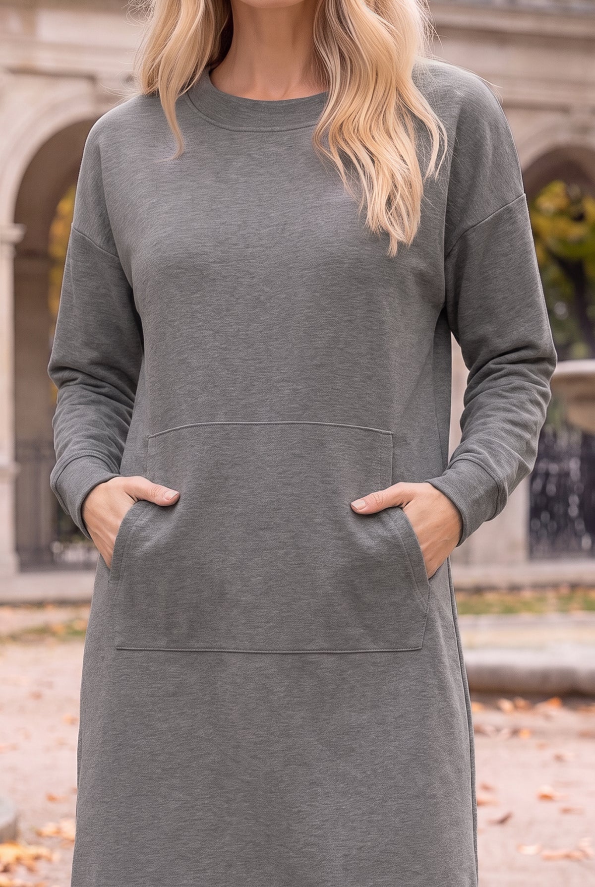 Nuggles® Oakley Hoodie Dress in Heather Gray, close-up with both hands tucked in the front pocket