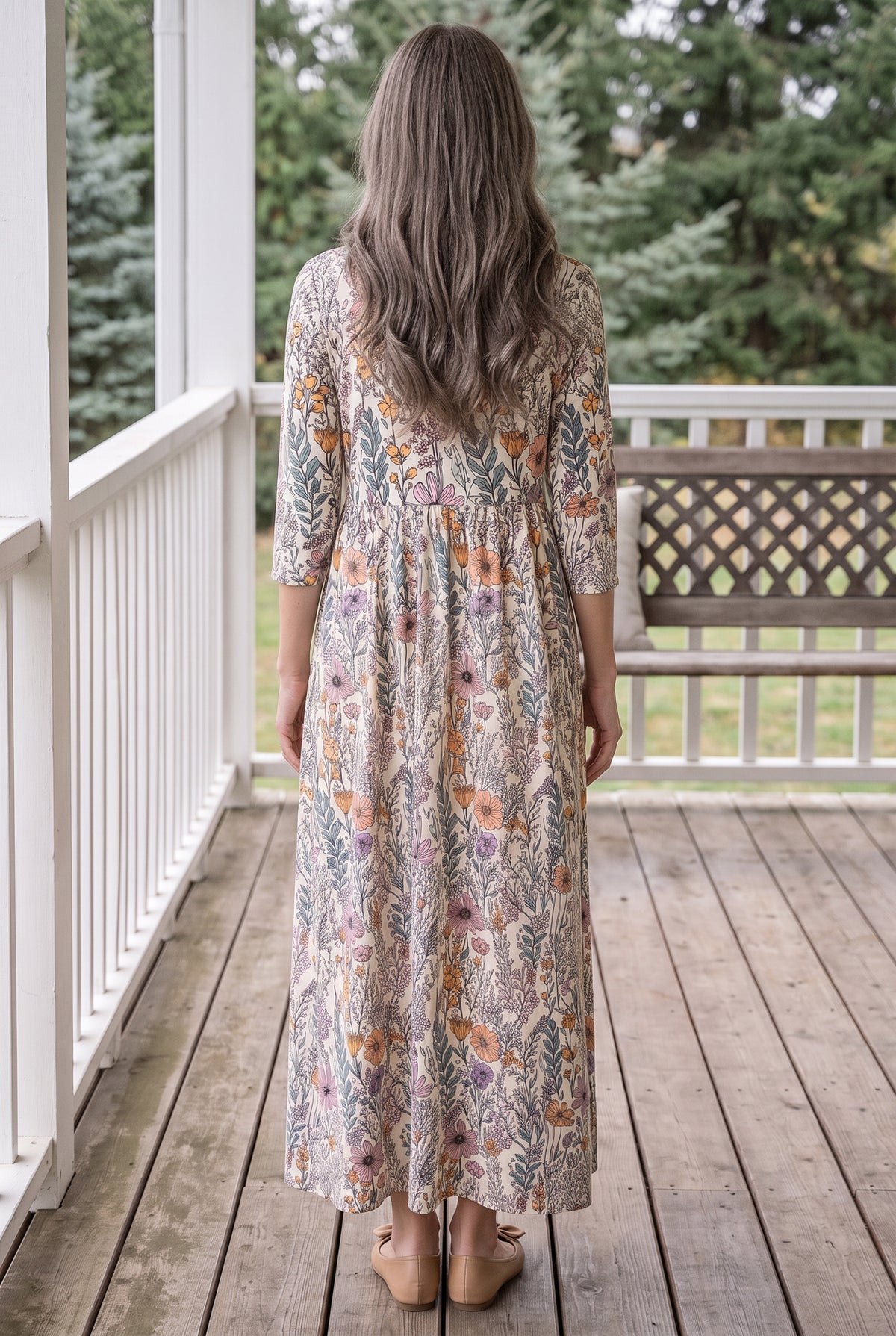 Nuggles® Cleo Maxi Dress in Hedgerow, full-length back view showing the gathered waist and maxi hem